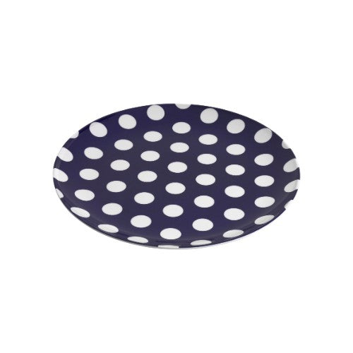 Set of 6 Jab Coupe plates featuring a white dots on navy design, made from durable melamine, perfect for all dining occasions.