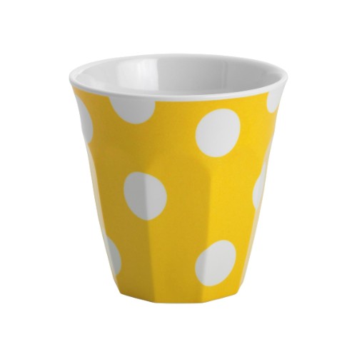 Set of 6 vibrant yellow melamine tumblers with white dots, perfect for casual and formal dining, 200ml capacity.