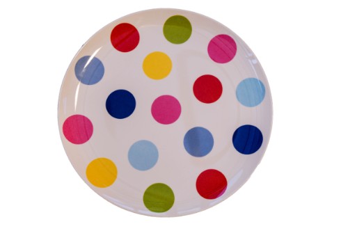 Set of 6 Jab Coupe Plates featuring playful polka dot design, lightweight, durable melamine, dishwasher safe, and temperature resistant.