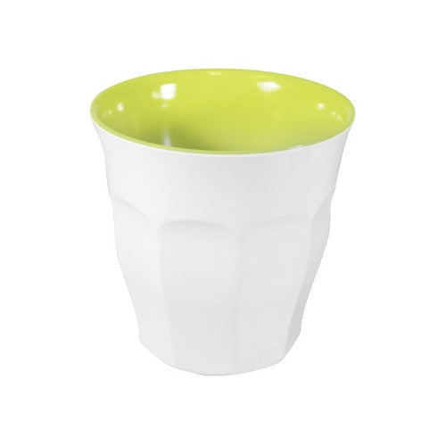 Set of 6 vibrant Apple and white melamine tumblers, 300ml, durable, dishwasher safe, ideal for various dining occasions.