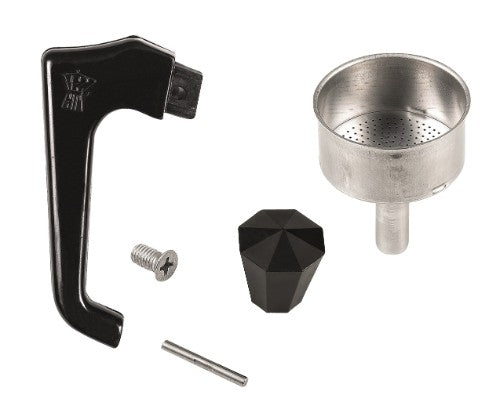 Pezzetti Funnel, Handle and Knob Replacement set for stovetop espresso makers, ensuring perfect brews with durable materials.