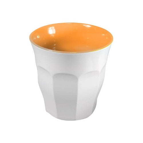 Set of 6 vibrant mango and white espresso cups, stylishly crafted from durable melamine, perfect for coffee lovers.