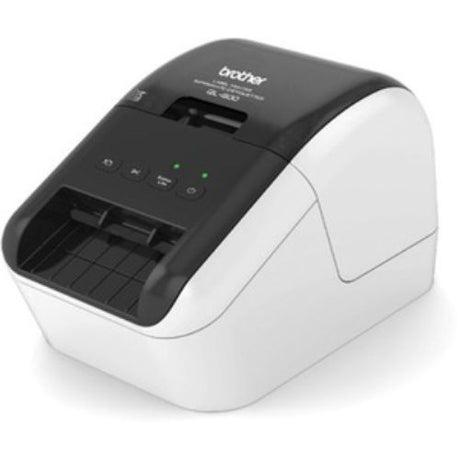 Brother QL800 label printer, fast 93 labels per minute, 300x600 DPI, automatic cutter, ideal for efficient office labeling.