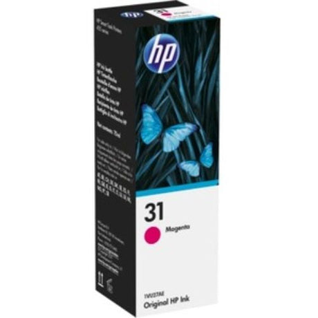 HP 31 Magenta Ink Bottle, 70ml, for high-yield printing up to 8000 pages, ideal for vibrant, sharp prints in Smart Tank printers.