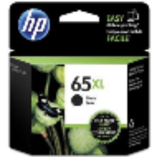HP 65XL Black Ink Cartridge for HP printers, high yield, prints up to 300 pages, ensures sharp text and vivid colors.