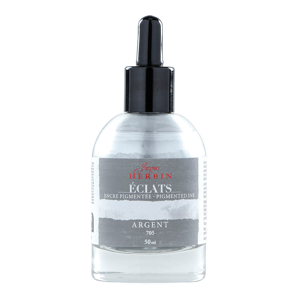 Jacques Herbin Silver Eclats Pigmented Ink in a 50ml dropper bottle, perfect for vibrant artwork and intricate lettering.