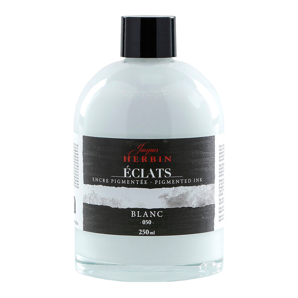 Jacques Herbin Eclats Pigmented Ink in White, 250ml bottle, ideal for vibrant art, calligraphy, and mixed media projects.