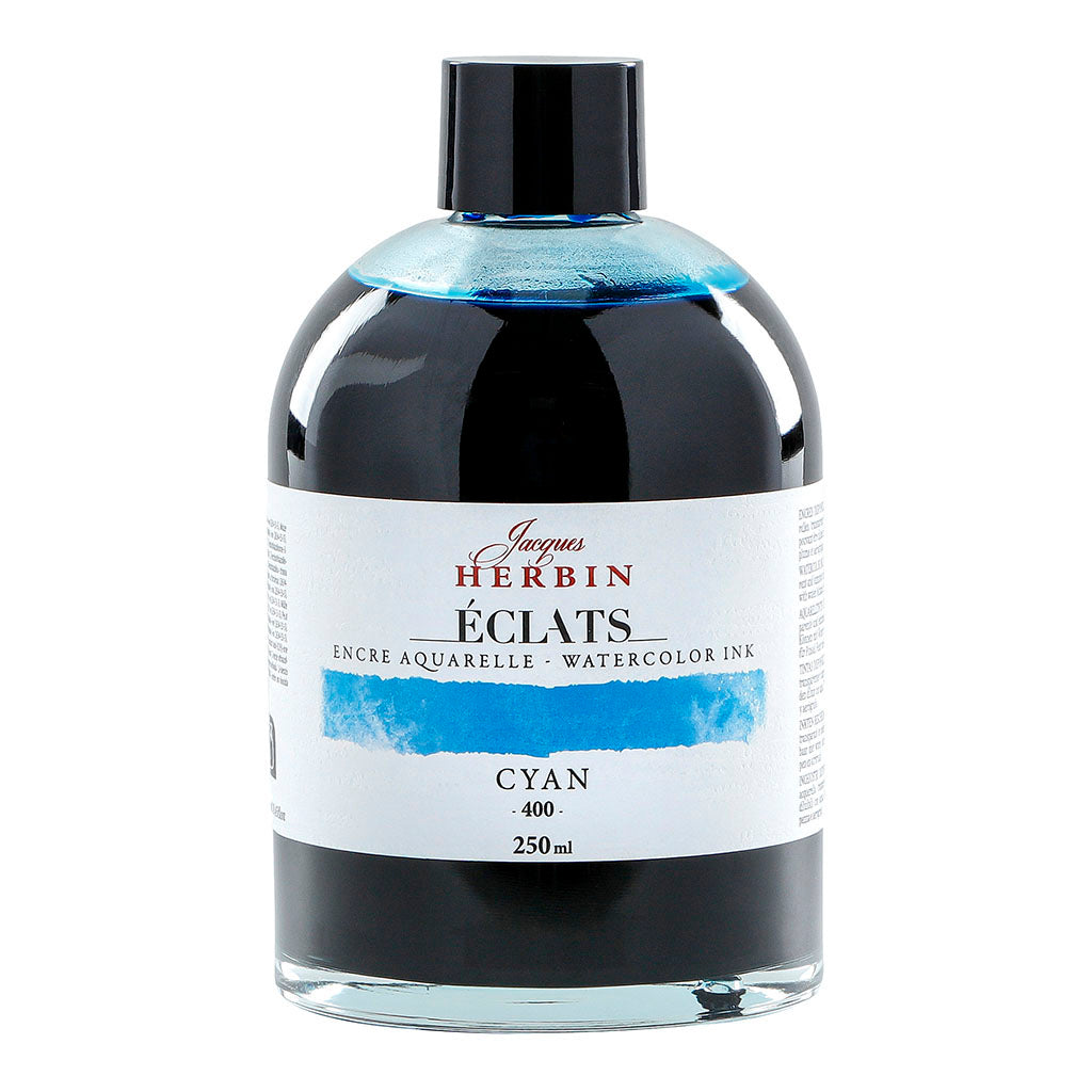 Vibrant 250ml Jacques Herbin 400 Cyan watercolour ink, perfect for artists, blends easily for rich and transparent artwork.