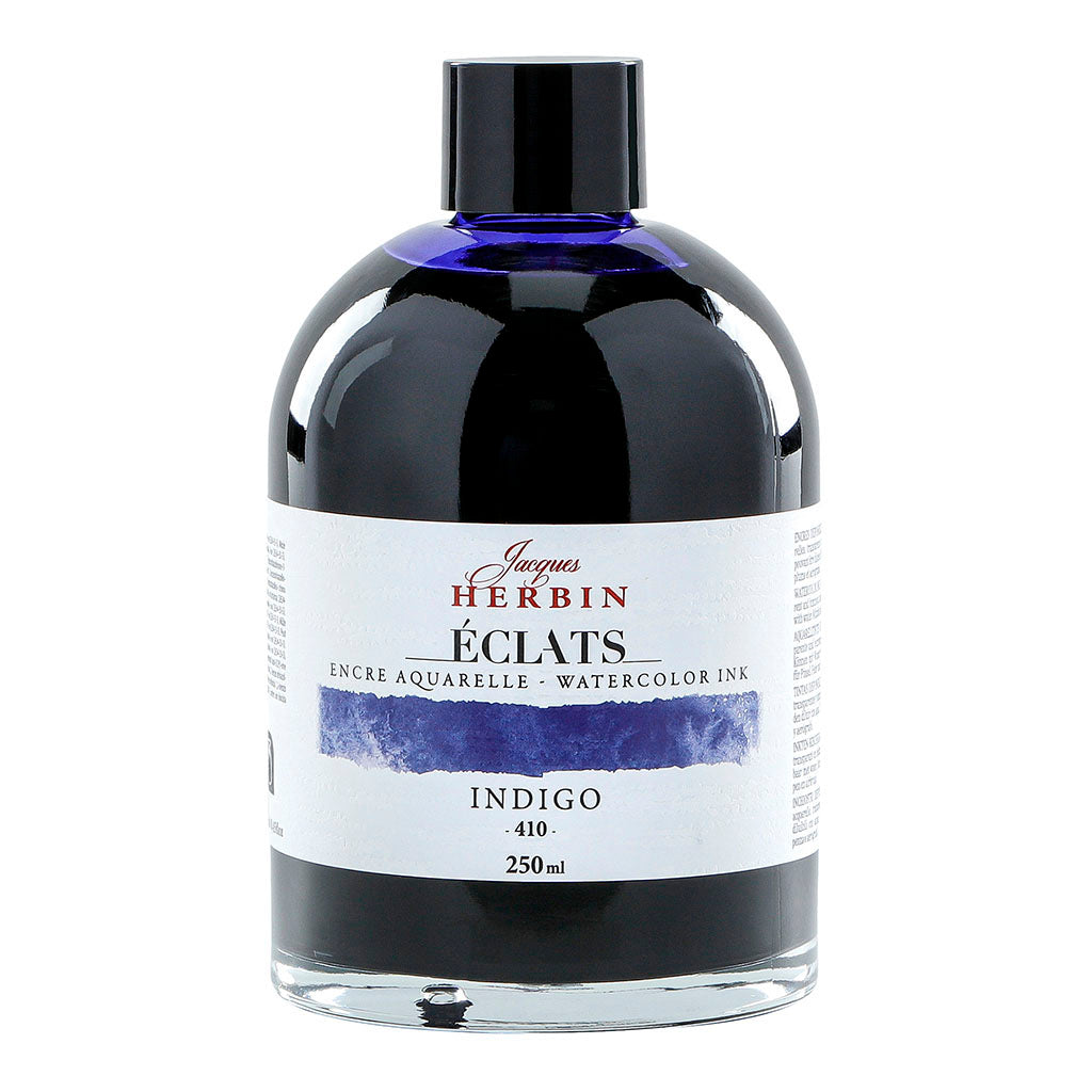 250ml bottle of Jacques Herbin Eclats Watercolour Ink in intense indigo, ideal for artists and crafters.