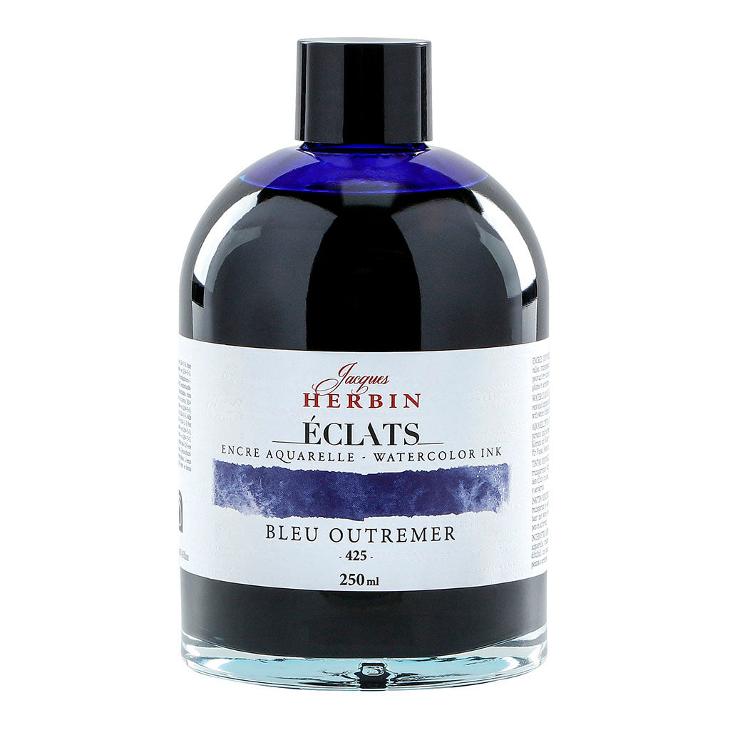 Vibrant 250ml bottle of Jacques Herbin Ultramarine Blue Watercolour Ink, perfect for artists and DIY enthusiasts.