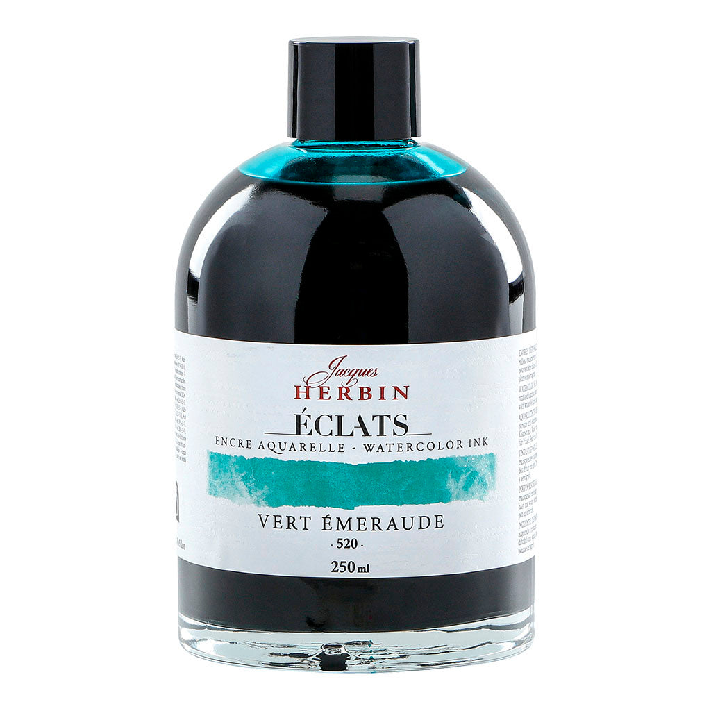 Vibrant 250ml Jacques Herbin Eclats Watercolour Ink in 520 Emerald Green, perfect for artistic blending and layering effects.