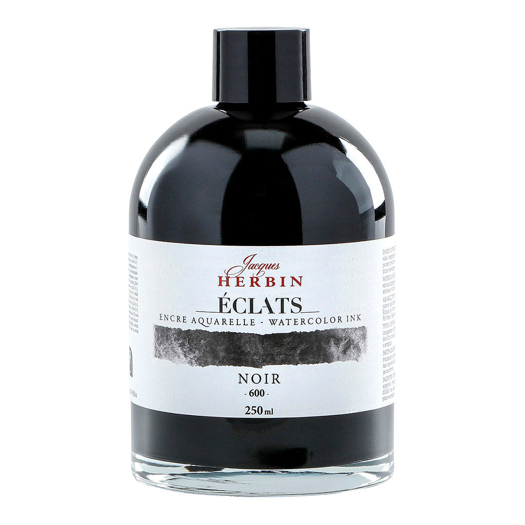 250ml bottle of Jacques Herbin Eclats Black Watercolour Ink, ideal for bold art and versatile blending on various papers.