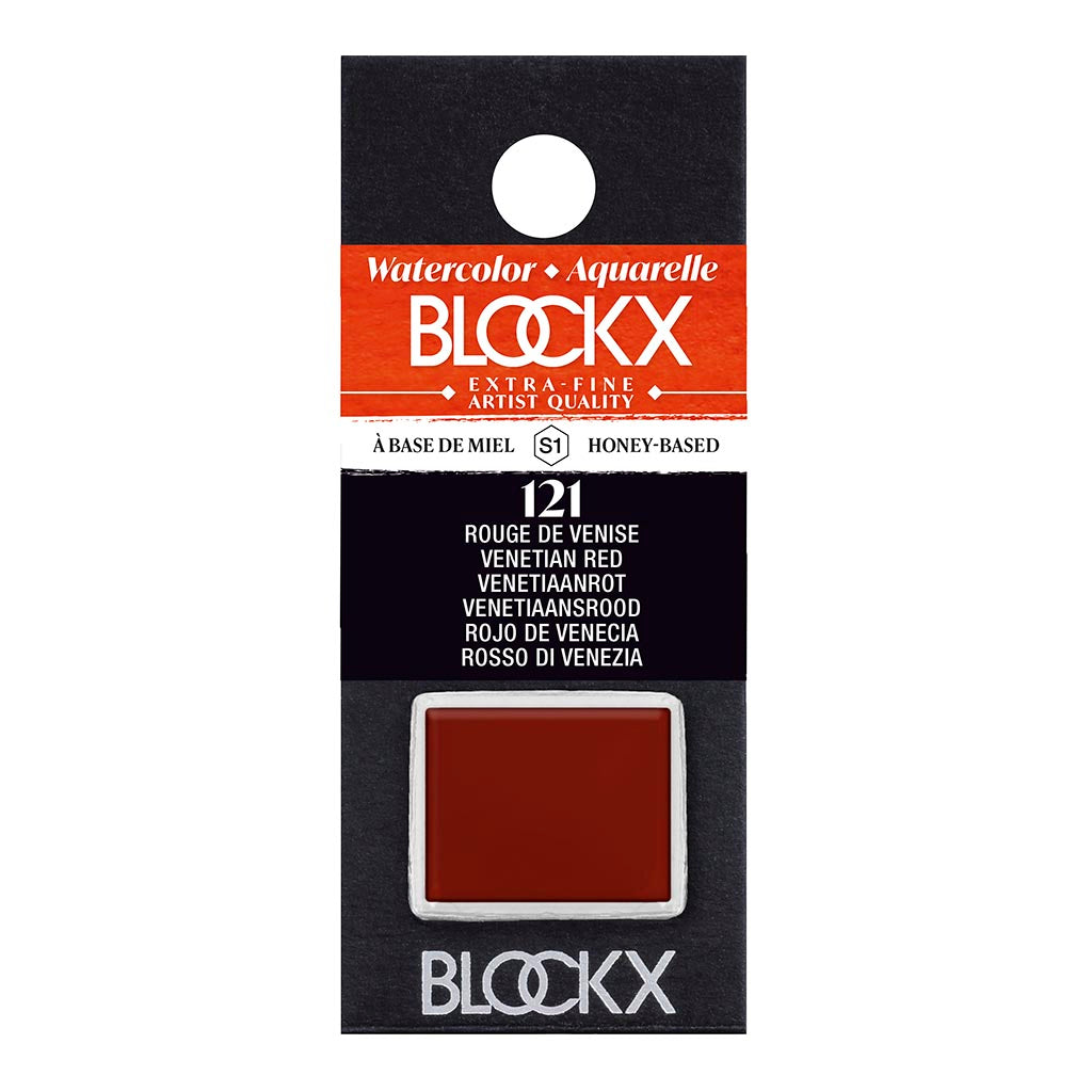 BLOCKX Watercolour Half Pan in Venetian Red, featuring light-resistant PR102 pigment for vibrant, long-lasting art.