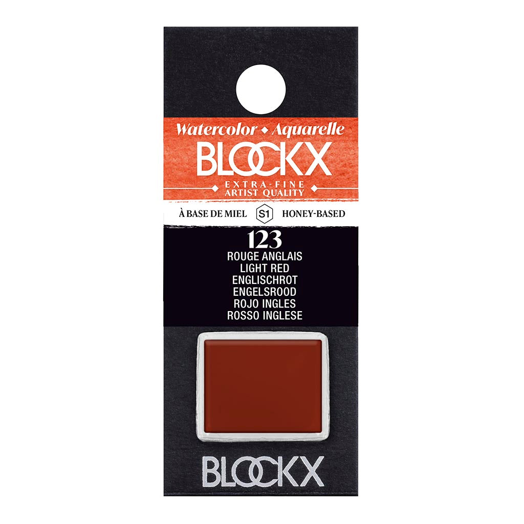 BLOCKX Watercolour Half Pan S1 123 Light Red in vivid color, crafted for elegance and durability, ideal for artists.