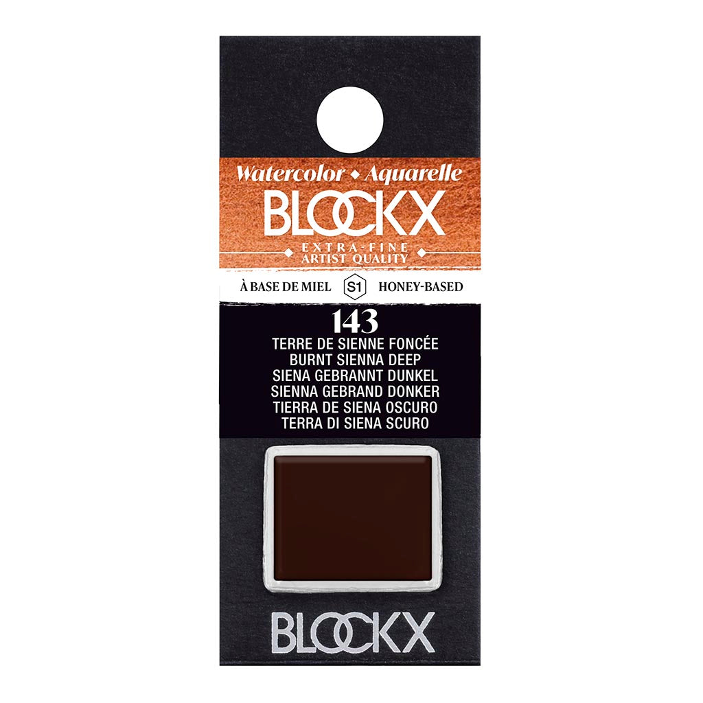BLOCKX Watercolour Half Pan S1 143 in Deep Burnt Sienna offers vibrant, lightfast pigments for stunning watercolor effects.
