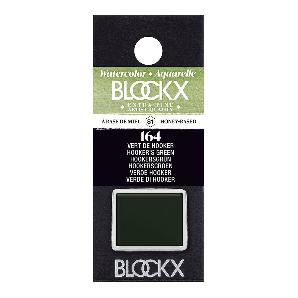 BLOCKX Watercolour Half Pan S1 164 Hookers Green features a rich, lightfast green pigment, ideal for vibrant landscape painting.