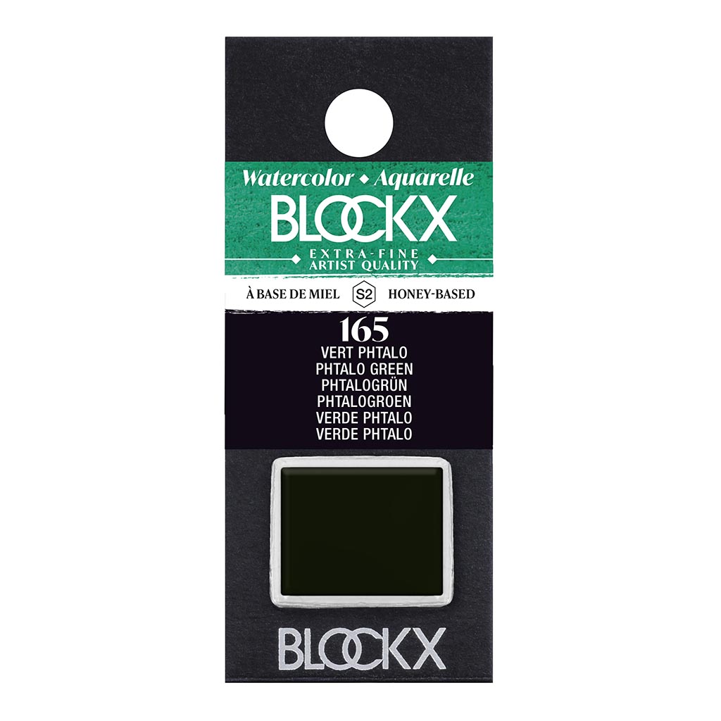 BLOCKX Watercolour Half Pan S2 165 Phtalo Green, a vibrant, light-resistant pigment perfect for layering and blending in artwork.