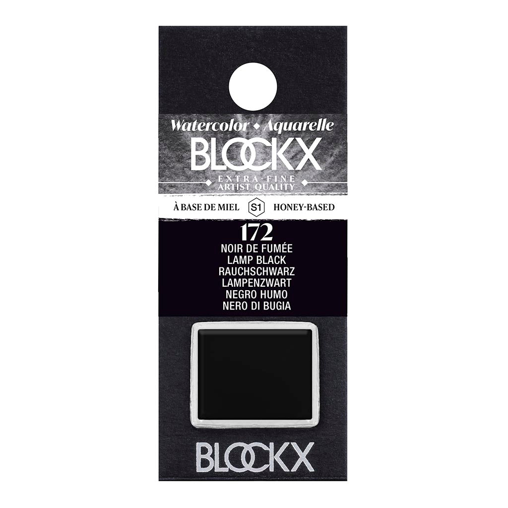 BLOCKX Watercolour Half Pan S1 172 Lamp Black featuring rich, lightfast black pigment for professional watercolor artistry.