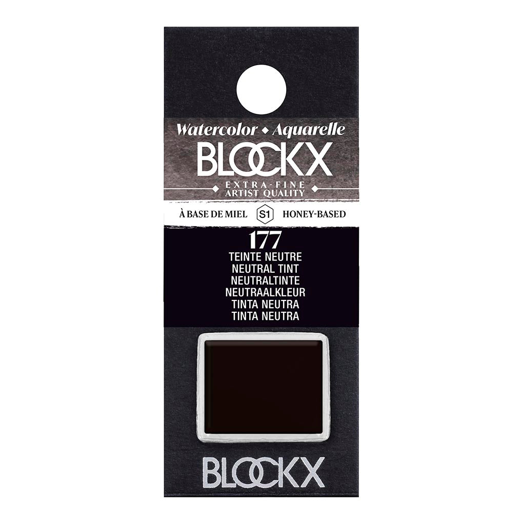 BLOCKX Watercolour Half Pan S1 177 Neutral Tint in rich colors, ideal for versatile painting and mixing, hand-crafted in Belgium.