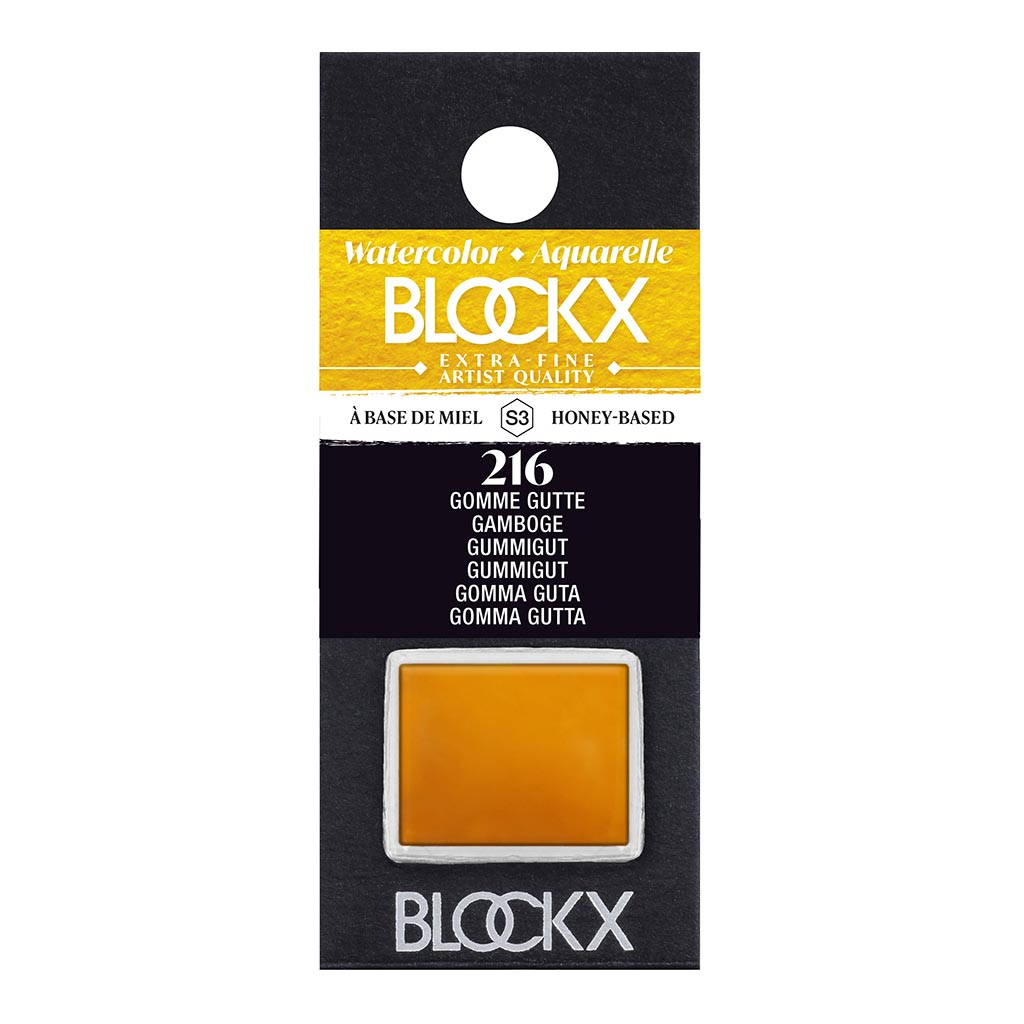 BLOCKX Watercolour Half Pan S3 216 Gamboge features vibrant gamboge hue, handcrafted in Belgium with lightfast pigments.