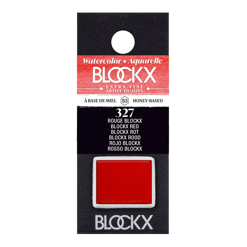 Half pan of BLOCKX Watercolour 327 Blockx Red, featuring light-resistant PR254 pigment for intense, semi-transparent colour.