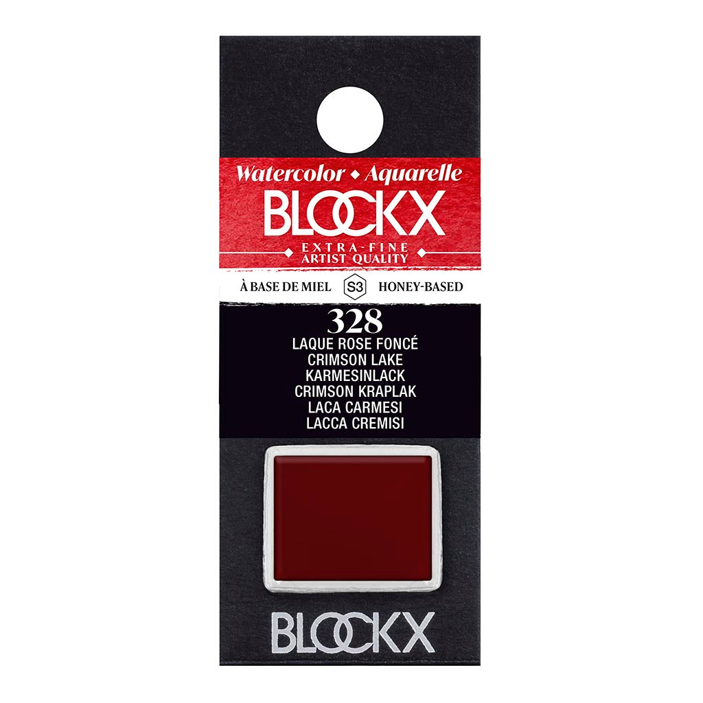 BLOCKX S3 328 Crimson Lake watercolour half pan, featuring light-resistant pigments for vibrant and luminous art.
