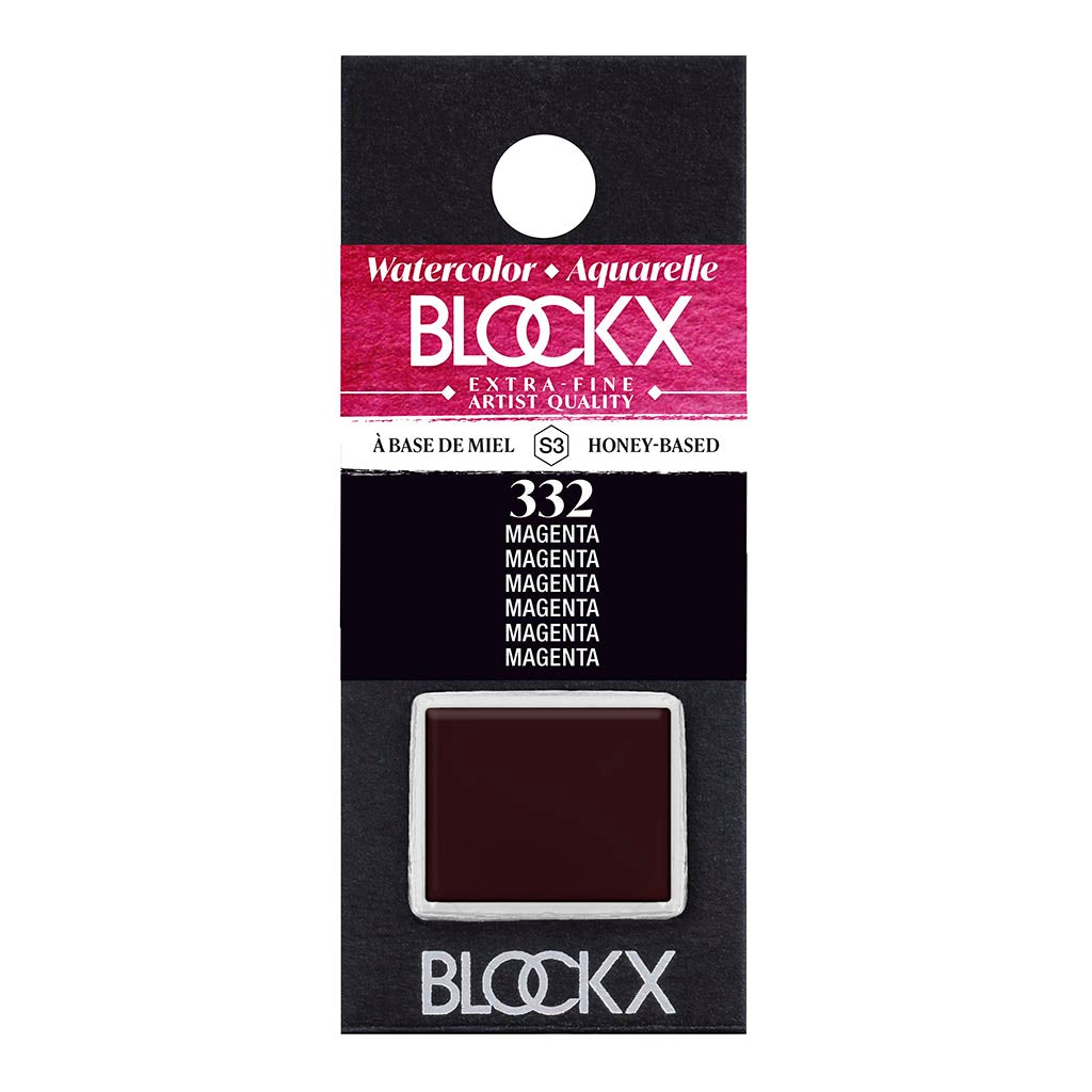 BLOCKX Watercolour Half Pan S3 332 Magenta featuring vibrant, light-resistant PV19 pigment for brilliant watercolor effects.