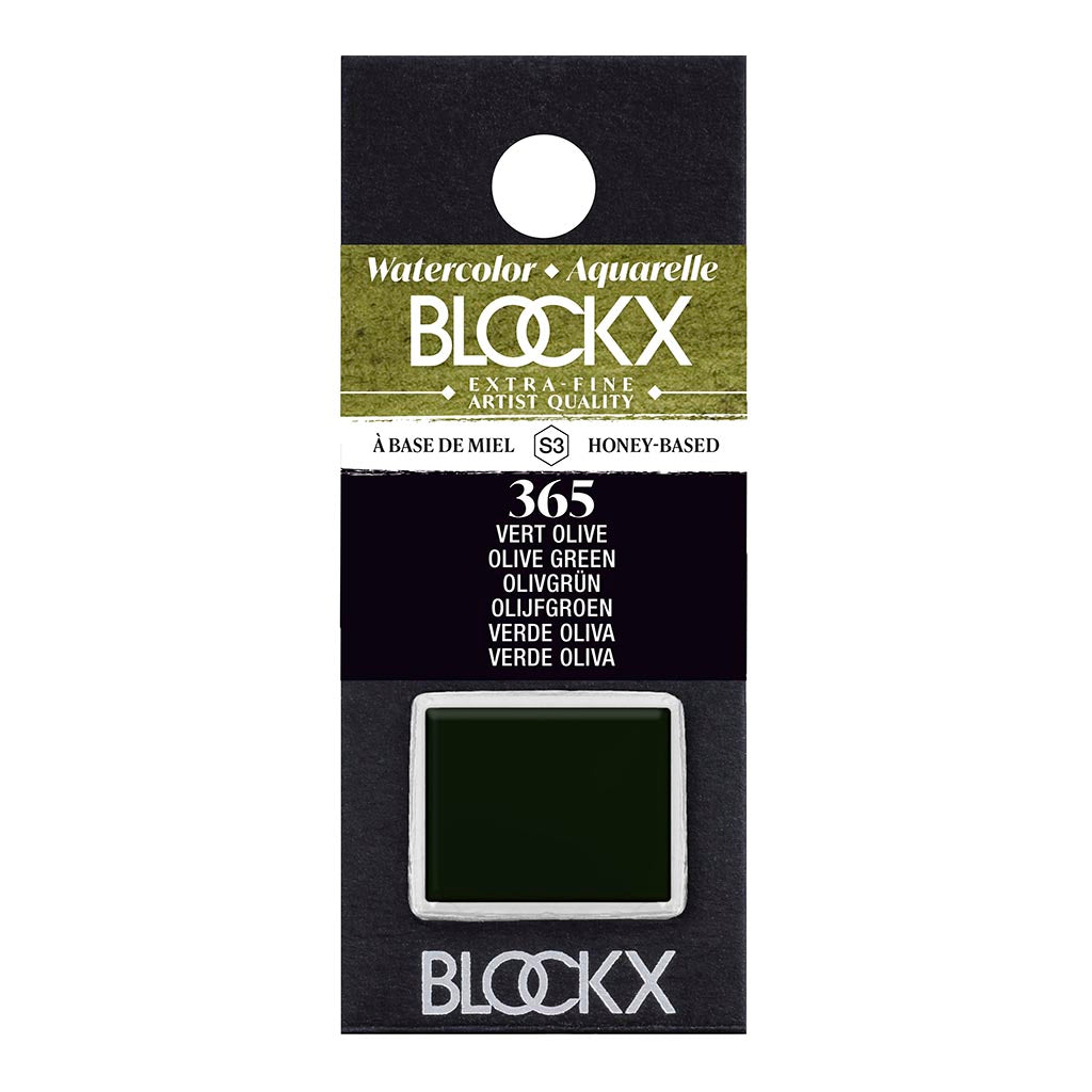 BLOCKX Watercolour Half Pan S3 365 Olive Green, vibrant and light-resistant, perfect for rich blending and layering in art.