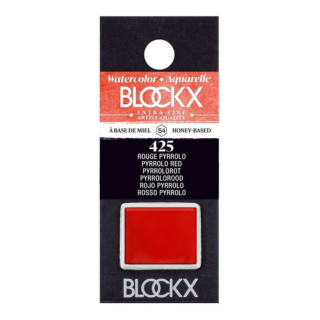 BLOCKX S4 425 Pyrrolo Red watercolour half pan, featuring vibrant, light-resistant semi-transparent pigment for artists.