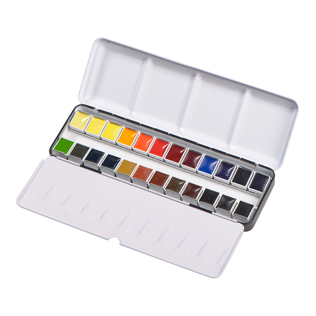 BLOCKX Watercolour Half Pan Metal Box set with 24 vibrant, light-resistant pigments for artists of all levels.