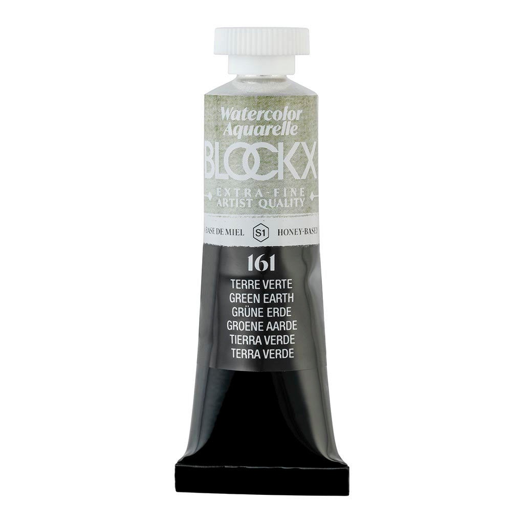 15ml BLOCKX Watercolour Tube in Green Earth, featuring light-resistant pigments for vibrant, translucent art.
