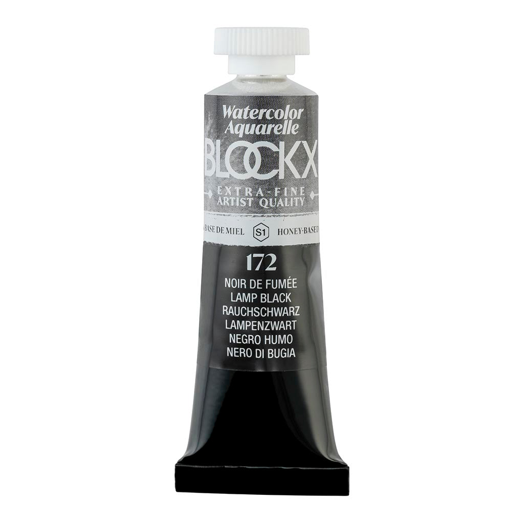 BLOCKX 15ml watercolour tube in Lamp Black, featuring light-resistant pigments for vibrant, deep black hues.