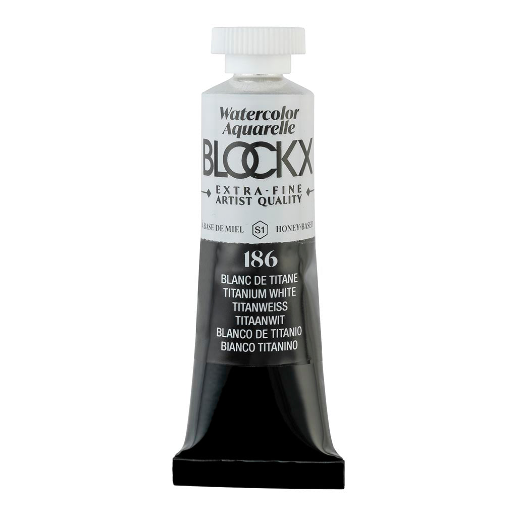 BLOCKX 15ml Titanium White watercolour tube, semi-opaque, lightfast, ideal for mixing and enhancing artistic brilliance.