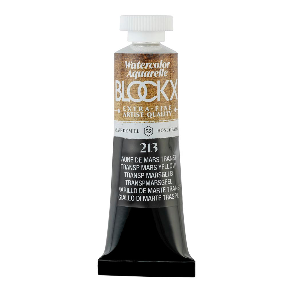 15ml BLOCKX Watercolour Tube in Transparent Mars Yellow, ideal for vibrant washes and intricate detailing in art.