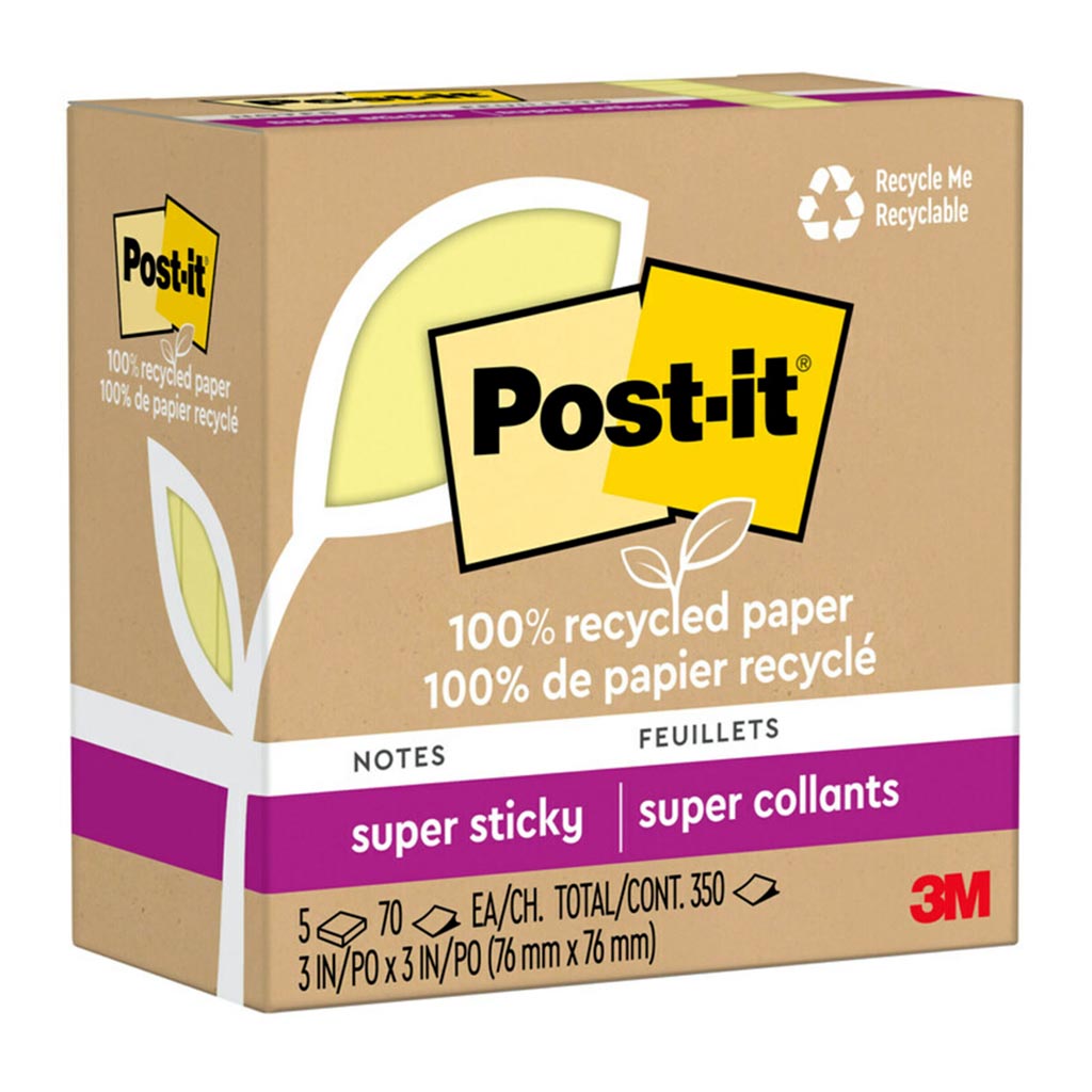 Post-it Super Sticky Notes in vibrant yellow, 76x76mm, 100% recycled, pack of 5, ideal for notes and reminders.