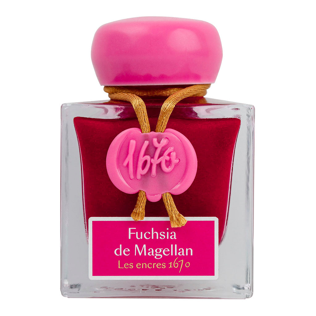 50ml bottle of Jacques Herbin 1670 Fuchsia de Magellan ink with gold glitter, celebrating heritage and artistry in writing.