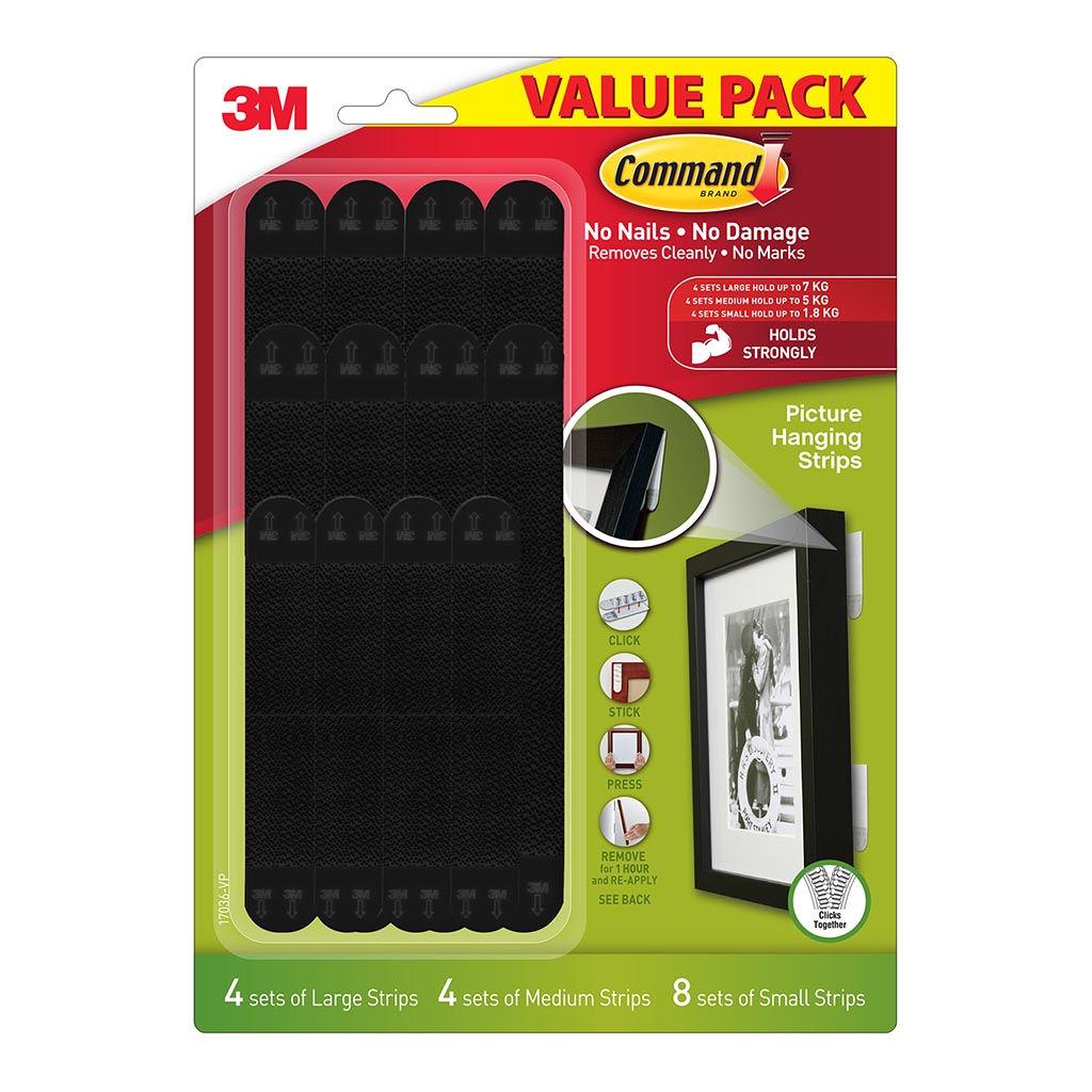 Command Picture Hanging Strips Narrow Black Assorted, Value Pack of 16 Sets