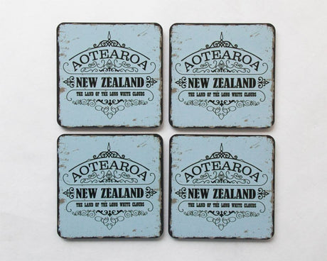 Set of 4 vibrant Kiwiana coasters featuring Aotearoa designs, made from durable MDF with cork bases, elegantly gift boxed.