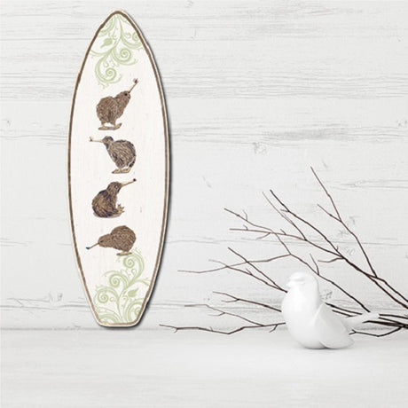 Vibrant Kiwi surfboard wall art on eco-friendly pine ply, perfect for coastal-themed decor.