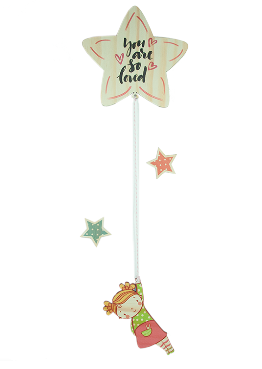 Whimsical pine wall art of a girl holding a star, perfect for children's rooms, measuring 120mm tall.