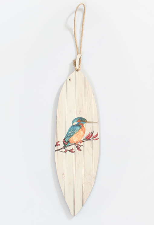 Vibrant wall art featuring a Pohutukawa leaf and King Fisher, printed on 4mm thick pine veneer