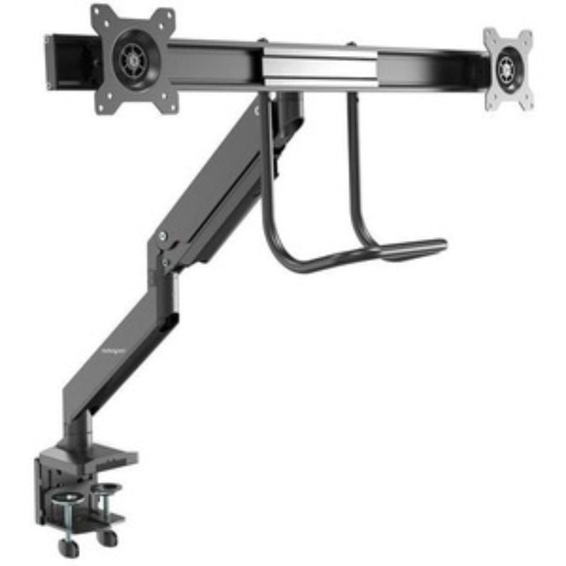 Ergonomic desk mount for two 17-32 inch monitors, featuring adjustable height, tilt, and swivel for optimal productivity.