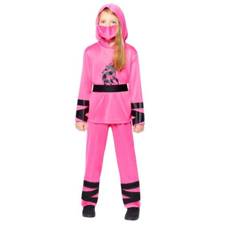 Vibrant pink ninja costume for kids 8-10, includes hooded top, trousers, belt, and face mask for imaginative play.
