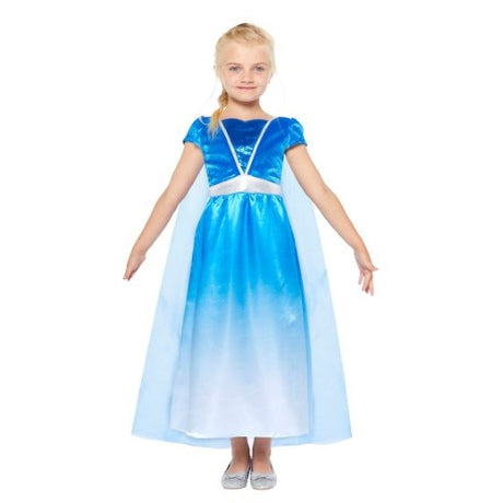 Enchanting Ice Princess costume for girls 6-8, featuring a beautiful dress and shimmering cape for magical dress-up fun.