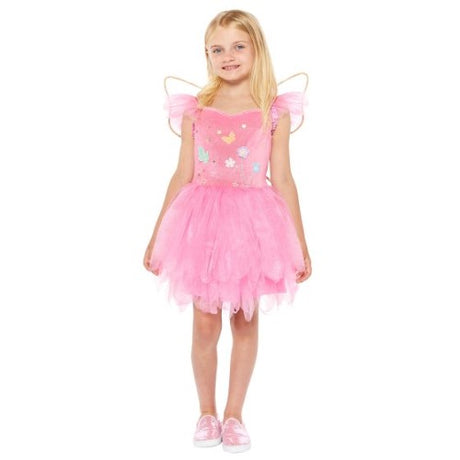Enchanting pink fairy costume with dress and wings for kids aged 4-6, perfect for dress-up and imaginative play.