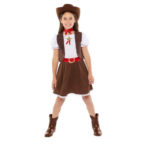 Western cowgirl costume for girls 12-14 years, featuring hat, dress with waistcoat, and neck scarf for imaginative play.
