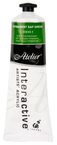 Atelier 80ml Permanent Sap Green Acrylic Paint, known for vibrant color, versatility, and controlled fast-drying techniques.