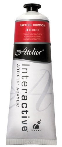 Vibrant Atelier 80ml Napthol Crimson acrylic paint, perfect for versatile painting techniques and expressive color mixing.