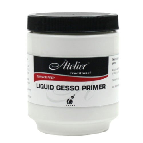 Atelier Liquid Gesso Primer 250ml for smooth, flexible, and opaque surface preparation for vibrant painting on various materials.