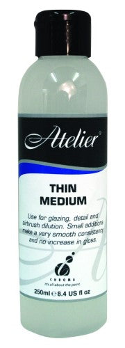 Atelier Thin Painting Medium 250ml enhances fluidity and flow for acrylic and oil paints, perfect for detailed artwork.